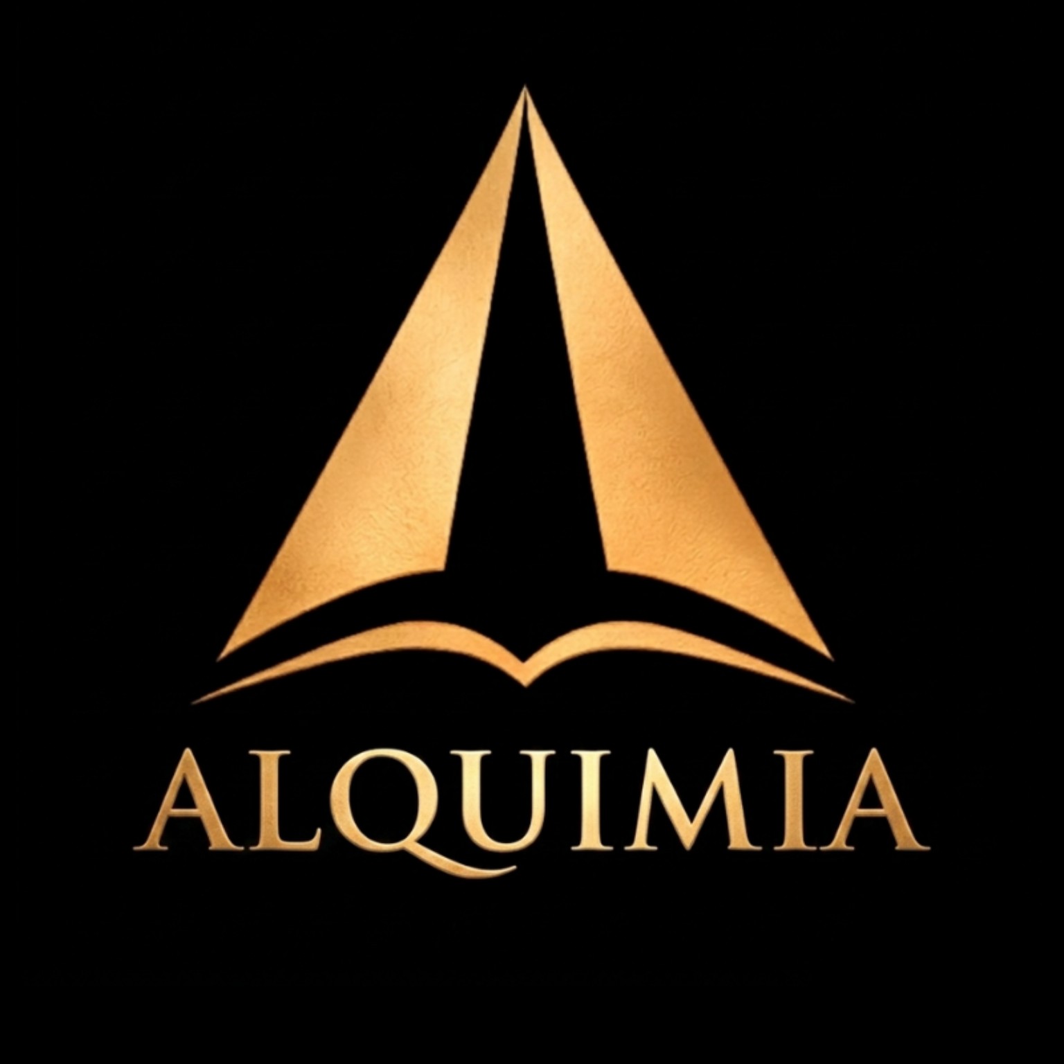 Álquimia’s original gold pyramid and open-book emblem with its wordmark
