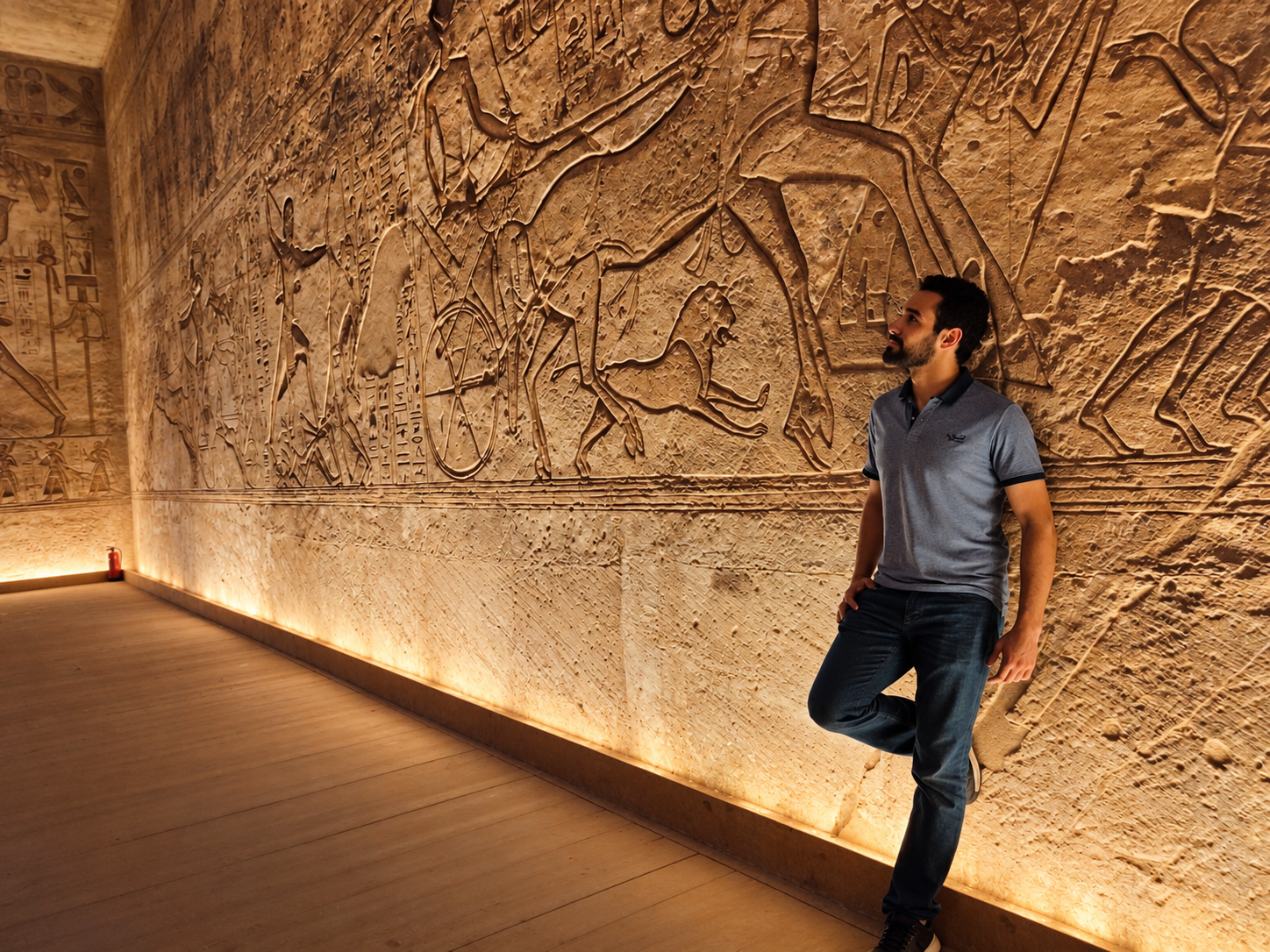Hapi beside illuminated carved sandstone reliefs inside an Egyptian temple